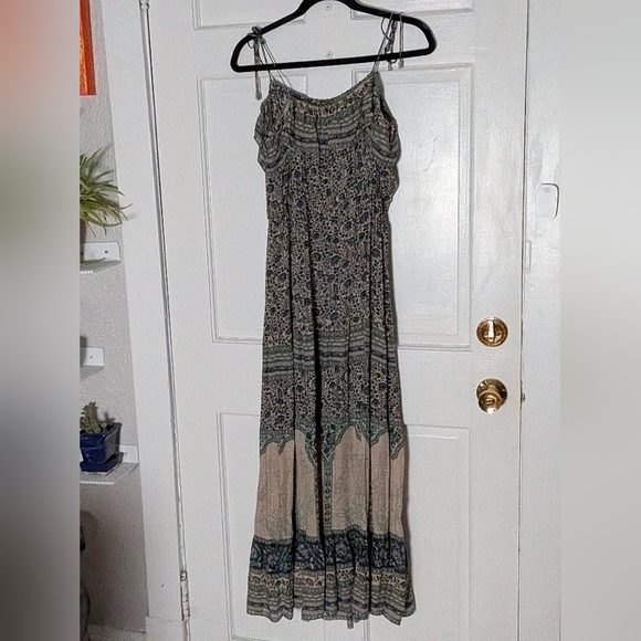 ba&sh Teresa Dress Vert Eau Print Boho Maxi Midi Tassel Tie Strappy Viscose - Picture 7 of 9